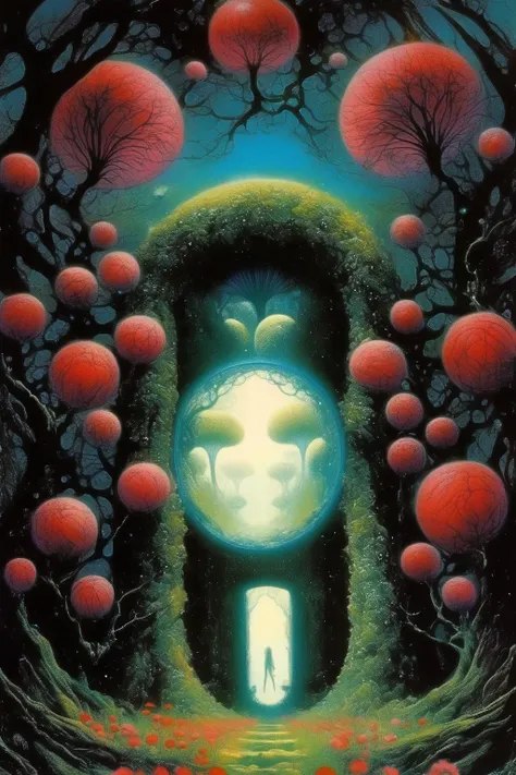 <lora:Philippe Druillet Style:1>Philippe Druillet Style - portal to another reality, universe, flowers, tree, nature, atmosphere,
