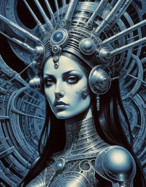 Philippe Druillet style, portrait of tech priestess, science fiction, Trippy, Extreme details, Heavy Metal style <lora:Philippe Druillet Style:1>