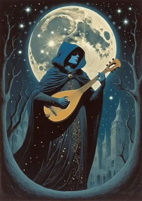 <lora:Philippe Druillet Style:1>Philippe Druillet Style - a bard with a lute and a cloak of stars serenades wandering spirits at a moonlit crossroads in a mystical realm
