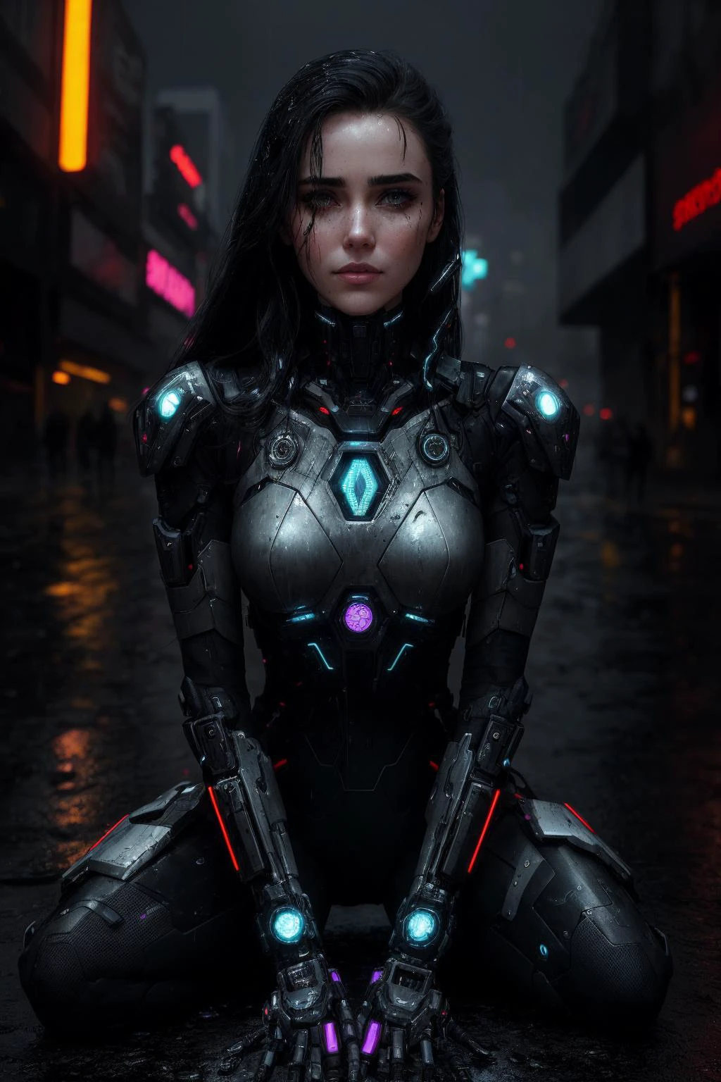 On a rainy night in the heart of a foggy, futuristic cyberpunk city, a young woman Jennifer connelly ( jenn1f1850) (sitting on the ground with their knees bent) in the middle of a sprawling plaza. Her appearance is a striking blend of human fragility and cybernetic augmentation, embodying the very essence of this dystopian world.
The raindrops cascade down from the dark, oppressive sky, leaving shimmering trails on her face. Her skin, porcelain-pale and streaked with rainwater, contrasts sharply with the exposed cybernetic implants that crisscross her body. Glistening metal and synthetic flesh merge seamlessly, revealing her status as a living machine.
Her eyes, enhanced with cybernetic optics, flicker with a hint of vulnerability beneath the damp strands of raven-black hair that cling to her face. The smudged makeup around her eyes, once carefully applied but now streaked by the rain, accentuates the turmoil etched across her countenance.
She wears a tattered, high-tech trench coat, its once lustrous black fabric now dulled by exposure to the elements. The coat clings to her form, the fabric adorned with faintly glowing circuitry patterns. Patches of synthetic skin peek out from beneath the torn edges of her clothing, showcasing her visible cybernetic enhancements.
Her hands, a fusion of human flesh and mechanical precision, rest gently on her lap. The fingertips, equipped with sensor arrays, are stained with mud and rain. A network of intricate, bioluminescent tattoos courses across her arms, revealing her connection to the digital realm.
At her side, a holster houses a sleek, black firearm, its metallic surface slick with rainwater, hinting at the perilous world she navigates. Despite the vulnerability and disarray, her presence in the plaza is enigmatic, evoking a sense of mystery in this dystopian city where human and machine collide in a constant struggle for survival. <lora:DDRunnyMakeupMascara_v01:0.5>
