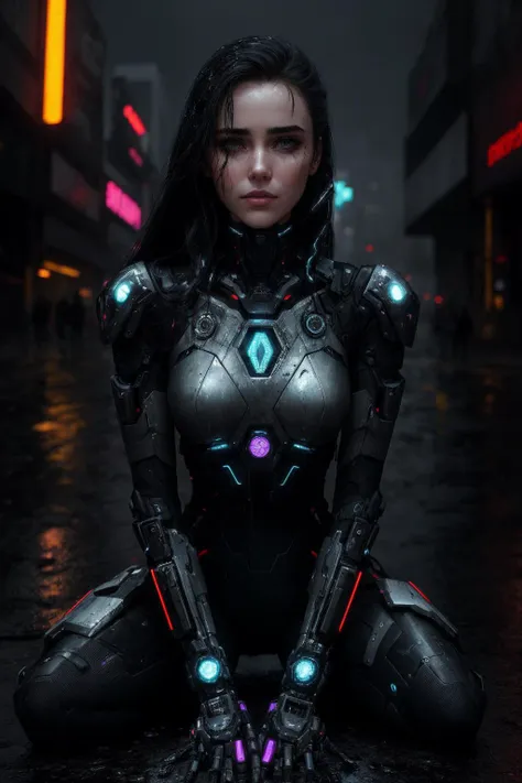 a woman in a futuristic suit sitting on the ground