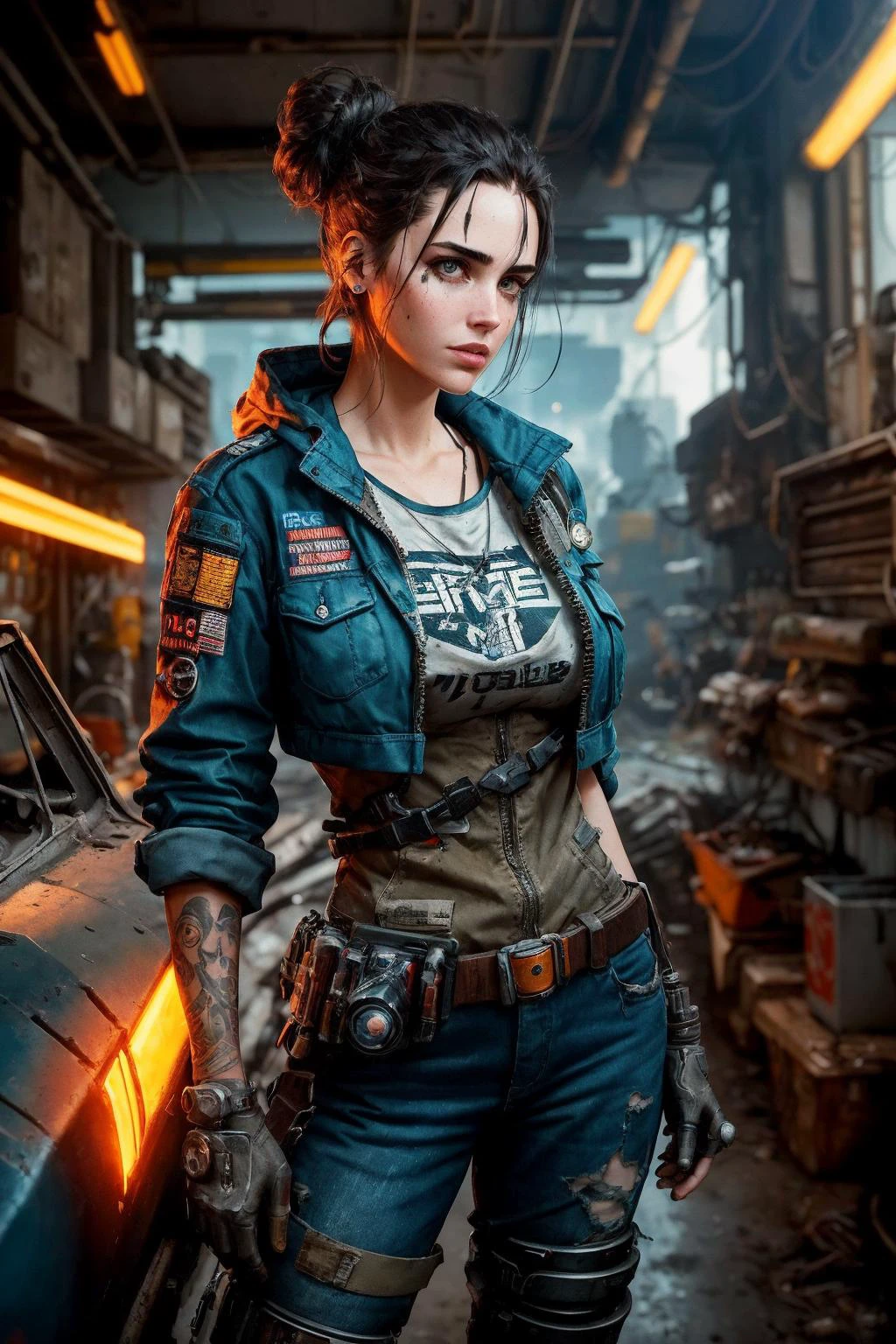 In the heart of a gritty (cyberpunk:1.2) city, amidst the cacophony of industrial sounds and flickering holographic billboards, a talented mechanic jennifer connelly ( jenn1f1850) works tirelessly on a vintage car in her cluttered workshop.
Her appearance is a mix of rugged practicality and a rebellious spirit. Her skin, bearing the smudges and oil stains of a mechanic's trade, is fair underneath the grime. Her piercing, augmented eyes, enhanced with cybernetic implants, glint with a hint of mischief and expertise. Framed by dark, unruly hair pulled back into a messy bun, her face carries the unmistakable mark of someone who thrives in the world of machines.
Dressed in a utilitarian jumpsuit, it's a canvas for patches, badges, and pins that pay homage to her love for all things mechanical. The jumpsuit's sleeves are rolled up, revealing tattooed arms adorned with a network of intricate circuitry patterns, hinting at her deep connection to the world of tech and cybernetics.
Heavy-duty, oil-stained boots encase her feet, providing support as she navigates the rugged terrain of her workshop. A tool belt laden with an assortment of gadgets and wrenches rests comfortably at her waist, a testament to her expertise in her craft.
On her fingers, she sports a collection of rough, metallic rings, each one a memento from past projects and adventures. A pair of aviator-style goggles, worn pushed up onto her forehead, adds a dash of retro-futuristic style to her ensemble, and they are never far from her reach when she needs to protect her eyes from sparks and debris.
As she leans over the vintage car, her cybernetic hand deftly manipulating a wrench, she embodies the gritty resilience of a mechanic in this cyberpunk world. Her appearance is a fusion of practicality and style, a testament to her expertise in breathing life into machines in a city where technology reigns supreme. <lora:DDRunnyMakeupMascara_v01:0.5>
