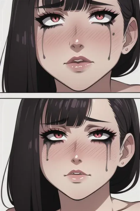 face, mascara, ruined makeup, exhausted, tired, heavy breathing, after sex, saliva, messy hair, messy, wet face, fellatio large penis in mouth deepthroat, detailed face features, blush, embarrassed, long hair, photorealistic, high quality, best quality, highres <lora:RM_v0.2(an):0.6>