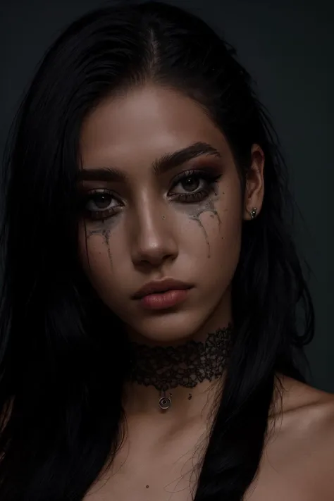 masterpiece,best quality,photorealistic, head portrait,
(a 21 year old skinny French Polynesian girl:1.2), medium hair over one eye, gothgirl, ruined makeup, sad look,
intricate details, cinematic, dimmed colors, <lora:RuinedMakeup_v0.1:1>, <lora:LowRA:0.3>