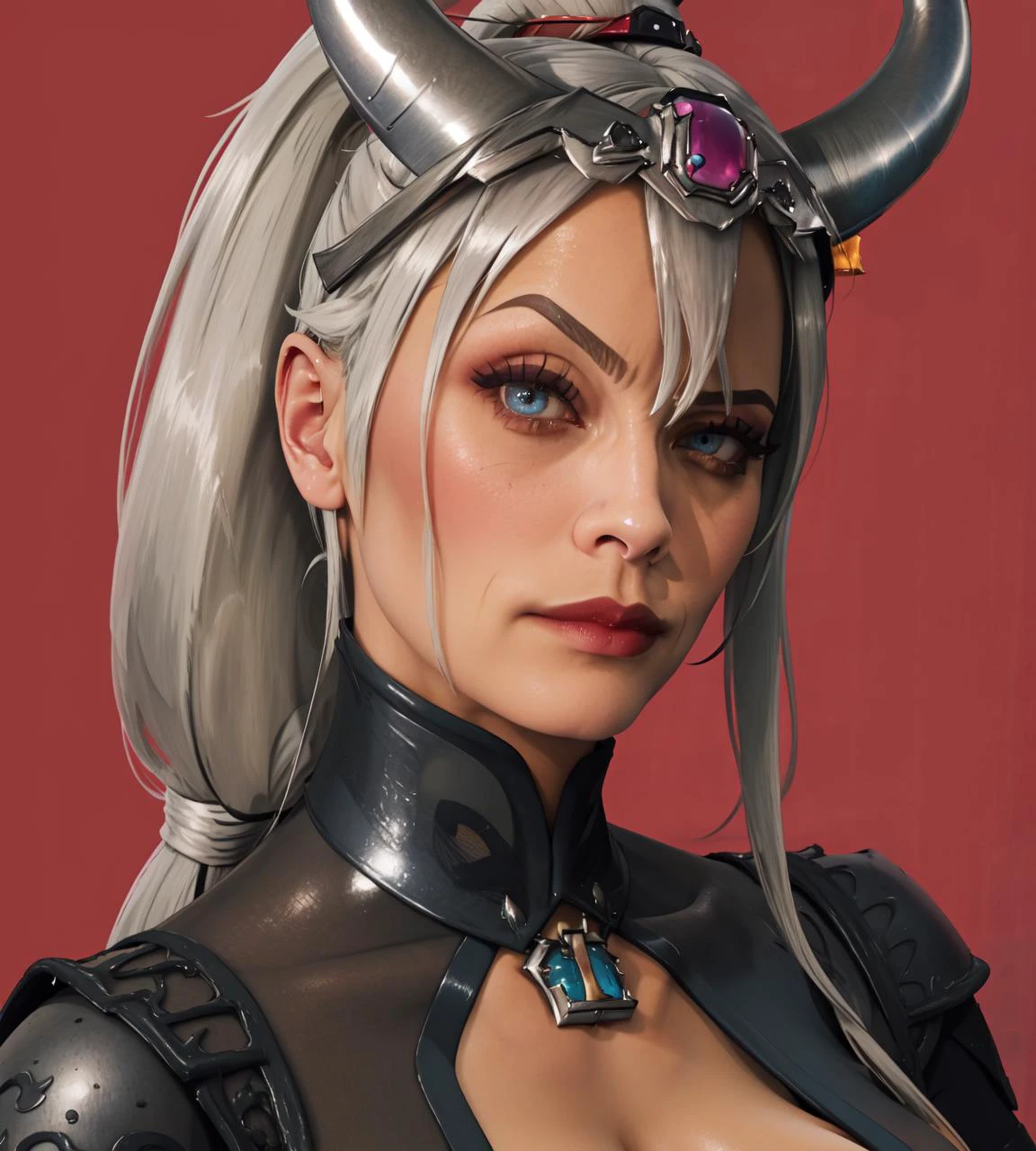 (masterpiece, highres, high quality:1.2), intricate details, cinematic lighting, 8K, stunning, realistic,
MiaoYing, mature female, (solo:1.3), mature female, RocksEyebrowRaise, (raised eyebrow, thick eyebrows:1.2), a strict look, head tilt, portrait, closeup, people's republic of china flag, red background,
white hair, long hair, high ponytail, lipstick, makeup, detailed hair, detailed face, blue eyes, (glowing eyes:1.2), bright pupils, necklace,
(horned headwear:1.1), armored dress, cleavage cutout,
large breasts,
<lora:MiaoYing:0.7> <lora:RocksEyebrowRaise:1>,