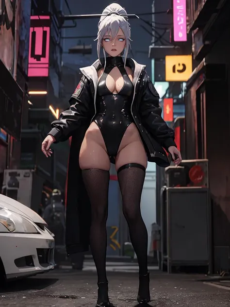 girl spacepunk,(((1girl))),((cute and beautiful black haired girl)),
(large breasts:1.4),saggy breasts,(((black wavy hair:1.35,absurdly long unkempt hair,messy hair,colored inner hair,ear breathing))),(((eyes purple:1.3))),intricate eyes,beautiful detailed eyes,symmetrical eyes,((fat)),(((lustrous skin:1.5,bright skin: 1.5,skin tanned,shiny skin,very shiny skin,shiny body,plastic glitter skin,exaggerated shiny skin,illuminated skin,wet legs))),(spider lower abdomen,narrow waist,wide hip,athletic body,inflated legs,delicate detailed fingers,detailed body,human hands,(detailed face)),
cute,slutty,erotic,((nsfw)),
zettai ryouiki,revealing clothing,show skin,(wearing a mechanical space body armor:1.3,micro armor bikini,bare legs),with micro clothes,almost totally naked,with little clothing,tiny thong,generous neckline,(((wet clothes,intricate outfit,intricate clothes))),
dynamic pose:1.0,embarrassed,(centered,scale to fit dimensions,Rule of thirds),
cyberpunk city by the ocean at night, with bright neon signs and dark stormy clouds and puddles, scenery:1.25,
artistic photography,(photography taken by sldr),highres, sharp focus, (ultra detailed, extremely detailed), (photorealistic artwork:1.37),(extremely detailed CG unity 8k wallpaper),((synthwave background theme)),(((vibrant colors))),(intricate background),(masterpiece),(best quality),