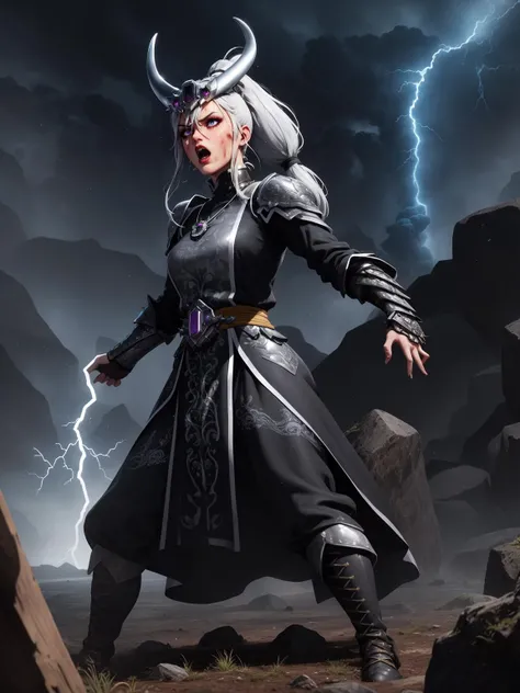 (highres, high quality:1.2), intricate details, cinematic lighting, sharp focus, depth of field,
MiaoYing, mature female, solo, fighting stance, casting spell, (lightning:1.1), blue thundercloud, volcanic eruption, epic background, rocks,
rage face, open mouth, battle cry, wounded, (sweat:0.7) face,
white hair, long hair, high ponytail, lipstick, makeup, detailed hair, detailed face, blue eyes, glowing eyes, bright pupils, necklace,
horned headwear, armored dress, breastplate, (single gauntlet:1.2), long dress, high heel boots,
<lora:MiaoYing:0.85>