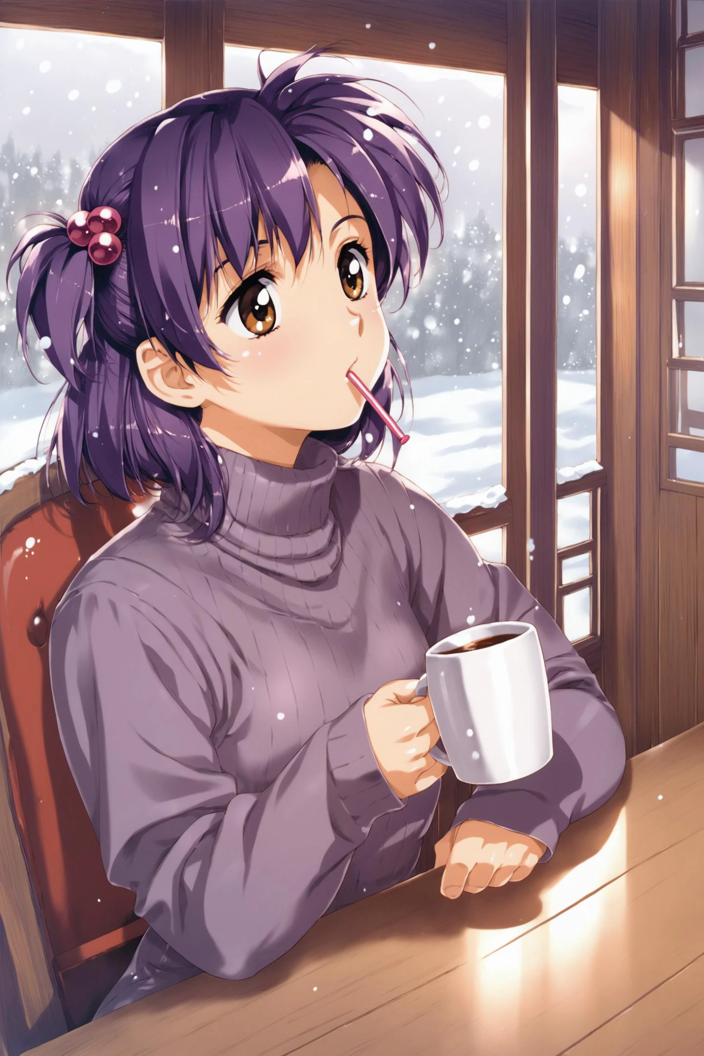 1girl,solo,window,sitting,cup,drinking,mug,hair bobbles,purple hair,brown eyes,long sleeves,hair ornament,dress,snowing,snow,indoors,chair,turtleneck,score_8_up,<lora:Urushihara Satoshi_XL_PONY:0.8>,