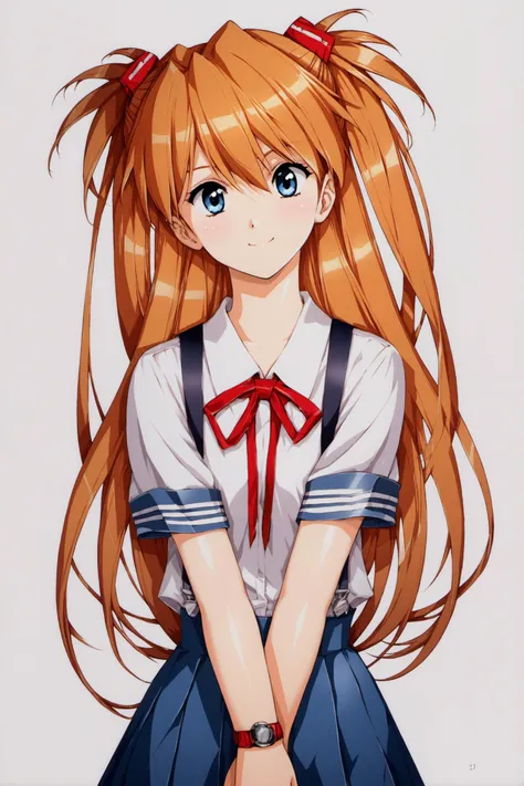 watch,wristwatch,1girl,souryuu asuka langley,solo,long hair,school uniform,blue eyes,smile,white background,ribbon,shirt,simple background,own hands together,orange hair,short sleeves,skirt,red ribbon,neck ribbon,white shirt,bangs,hair between eyes,looking at viewer,tokyo-3 middle school uniform,signature,closed mouth,two side up,hair ornament,suspender skirt,interface headset,suspenders,cowboy shot,interlocked fingers,blue skirt,score_8_up,<lora:Urushihara Satoshi_XL_PONY:0.9>,