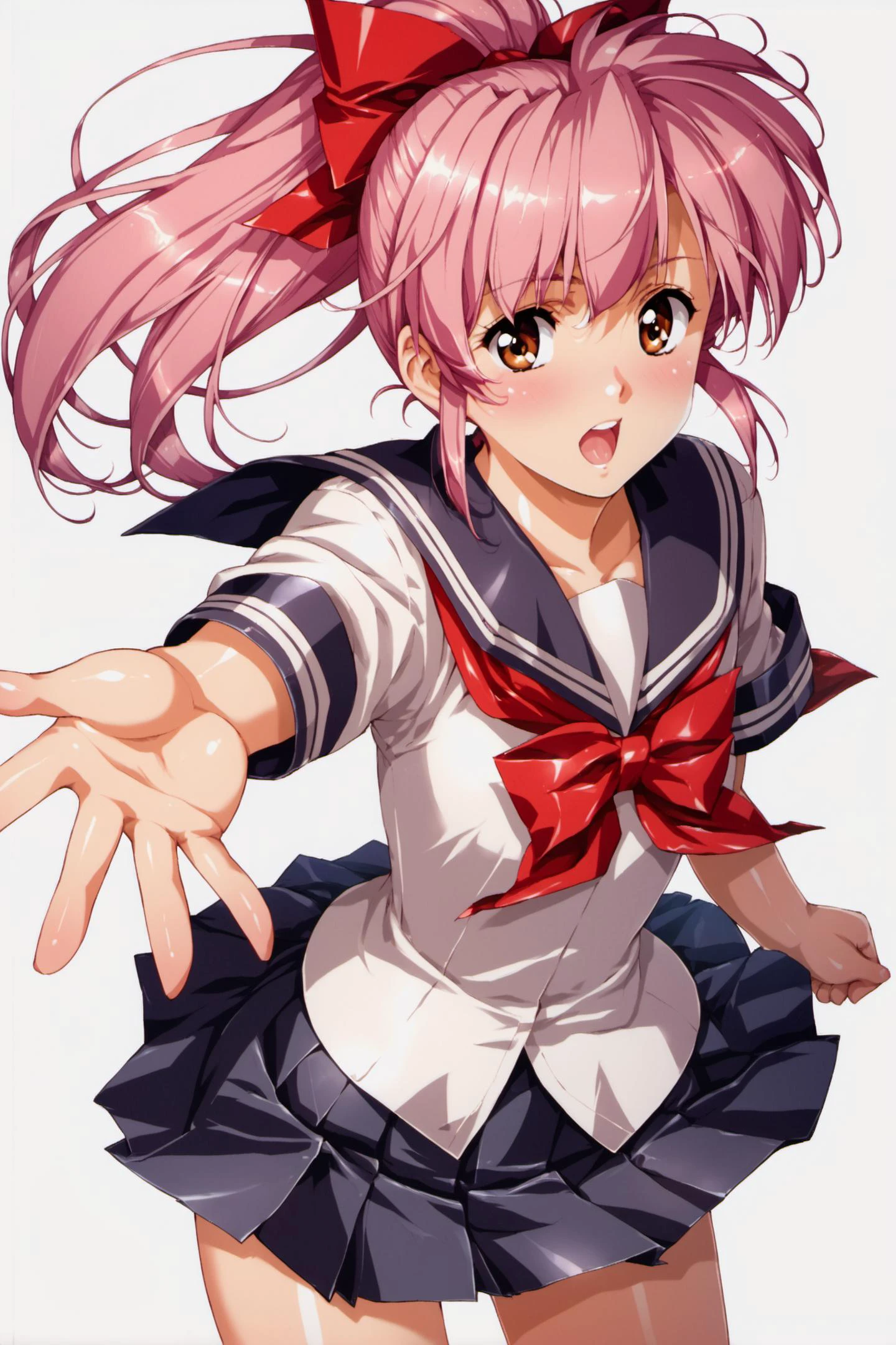 1girl,solo,pink hair,ribbon,open mouth,school uniform,bow,hair ribbon,outstretched arm,brown eyes,skirt,ponytail,white background,simple background,blush,score_8_up,<lora:Urushihara Satoshi_XL_PONY:0.8>,