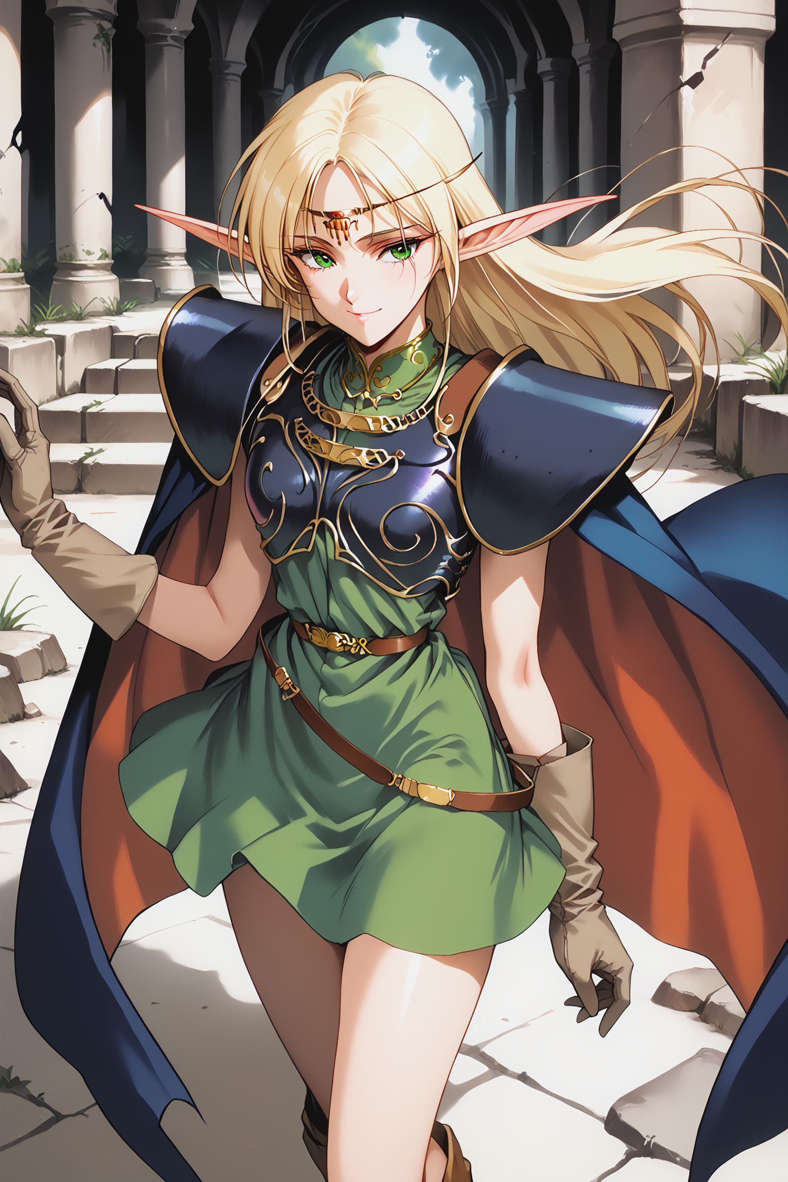 A woman in a green dress and blue cape is walking down a stone path ...
