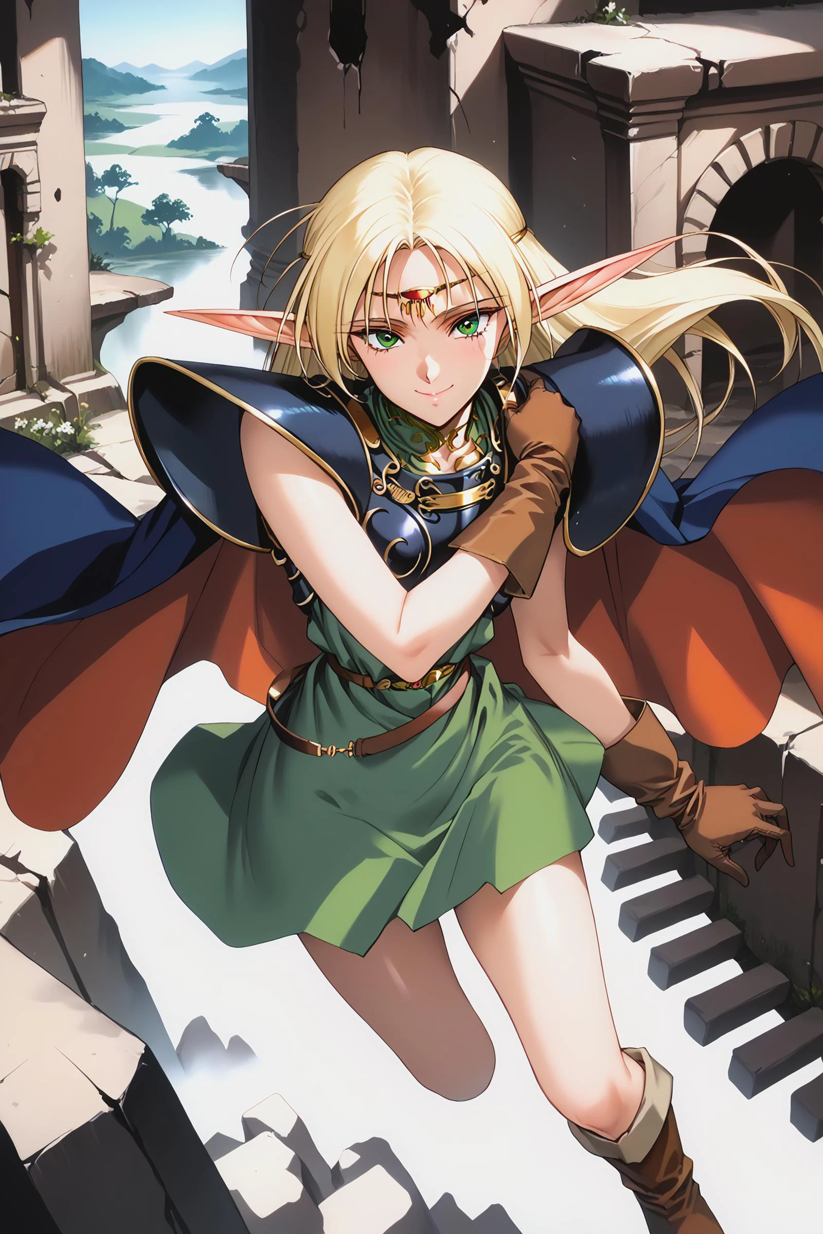 score_9, score_8_up, score_7_up,,
source_anime, score_9, score_8_up, score_7_up, deedlit, circlet, shoulder armor, breastplate, green tunic, gold choker, arm_wraps, belt, brown footwear, boots, ruby circlet,
1girl, long hair, blonde, elf, navy blue breastplate, navy blue shoulder armor, sleeveless, leather gloves, Cloak, green shirt, brown gloves, two-tone cape, long boots,
beautiful face, 24 years old,
smile, green eyes,
bangs,
record of lodoss war,
cowboy shot,from above,
erial,floating, ruins, running, looking at viewer,
<lora:Urushihara Satoshi_XL_PONY_V2:0.5>, <lora:Degen_Deedlit_v1:0.5>, <lora:TOO_NobuteruYuuki_v3B_PonyXL:0.5>, <lora:Nagaredamaya_BANG-YOUs_Assorted_Doujin_Artstyle_Blend_PonyXL:0.6>, <lora:PirotessXLpony001:0.4>, <lora:style1:0.3>, <lora:gg3:0.4>