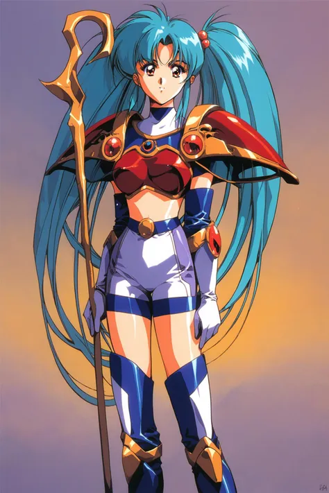 1girl,solo,gloves,twintails,elbow gloves,armor,long hair,holding,1990s (style),shoulder armor,hair ornament,retro artstyle,blue hair,pauldrons,staff,hair bobbles,aqua hair,looking at viewer,bangs,holding staff,shiny,boots,Old Version,score_9,score_8_up,<lora:Urushihara Satoshi_XL_PONY_V2:0.8>,