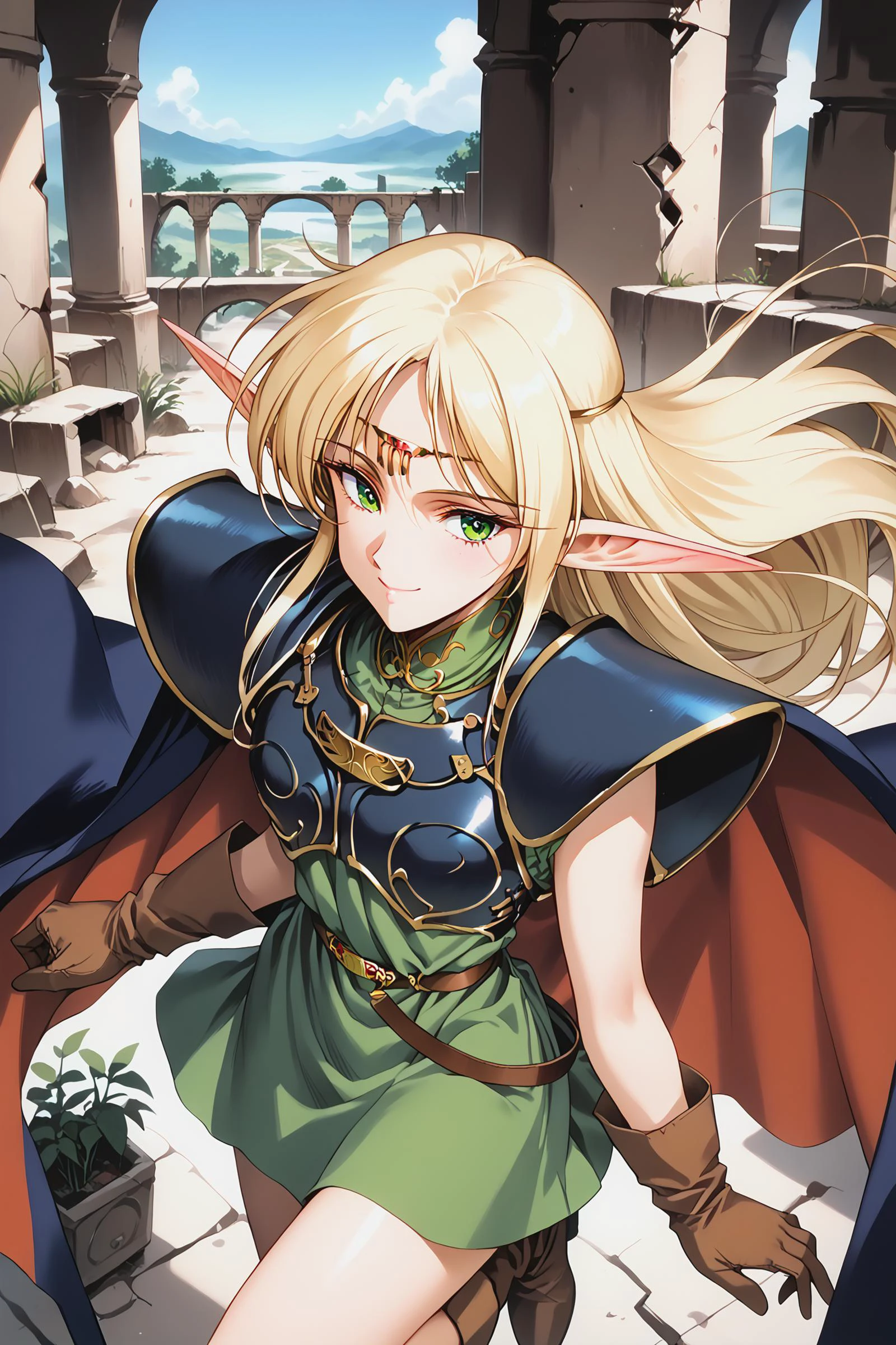 score_9, score_8_up, score_7_up, air_flaps,
source_anime, score_9, score_8_up, score_7_up, deedlit, circlet, shoulder armor, breastplate, green tunic, gold choker, arm_wraps, belt, brown footwear, boots, ruby circlet,
1girl, long hair, blonde, elf, navy blue breastplate, navy blue shoulder armor, sleeveless, leather gloves, Cloak, green shirt, brown gloves, two-tone cape, long boots,
beautiful face, 24 years old,
smile, green eyes,
bangs,
record of lodoss war,
cowboy shot,from above,
erial,flying,floating, ruins,
<lora:Urushihara Satoshi_XL_PONY_V2:0.4>, <lora:Degen_Deedlit_v1:0.5>, <lora:TOO_NobuteruYuuki_v3B_PonyXL:0.5>, <lora:Nagaredamaya_BANG-YOUs_Assorted_Doujin_Artstyle_Blend_PonyXL:0.55>, <lora:PirotessXLpony001:0.45>, <lora:style1:0.3>, <lora:gg3:0.6>
