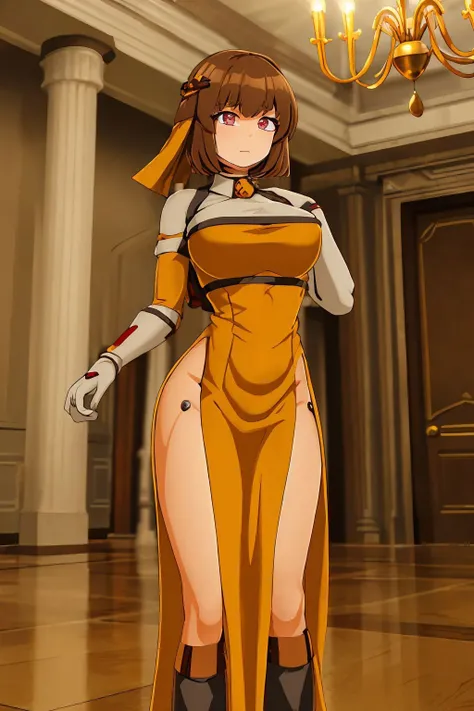 <lora:FactorioGearGirl_v1:1>gear girl, 1girl, solo, revealing clothes, dress, side slit, ballroom, indoors, chandelier, 8k, ultra detail, masterpiece