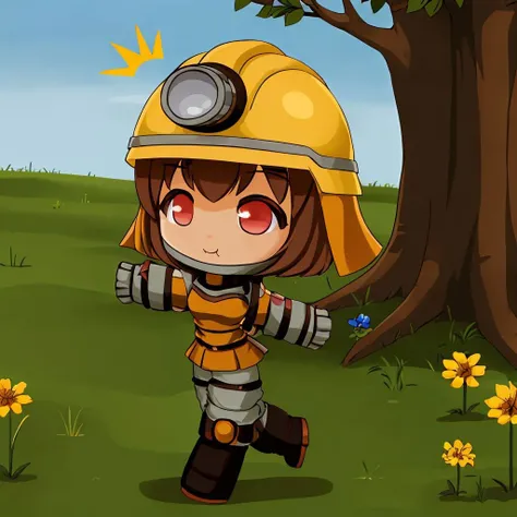 <lora:FactorioGearGirl_v1:1>gear girl, 1girl, solo, chibi, ^_^, arms up, walking, outdoors, grass, tree, sun, sky, flower, 8k, ultra detail, masterpiece