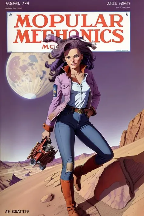 best quality, masterpiece, magazine cover of the popularmechanics magazine with girl on the mars surface and, high resolution scan, purple hair, jeans, boots white shirt, purple jacket, <lora:Vintage_Revista:0.8>
