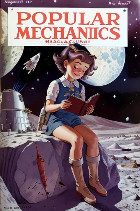 best quality, masterpiece, magazine cover of the popularmechanics magazine with girl in the lunar surface enjoying a book and rockets behind her, high resolution scan, short purple hair, <lora:Vintage_Revista:0.8>