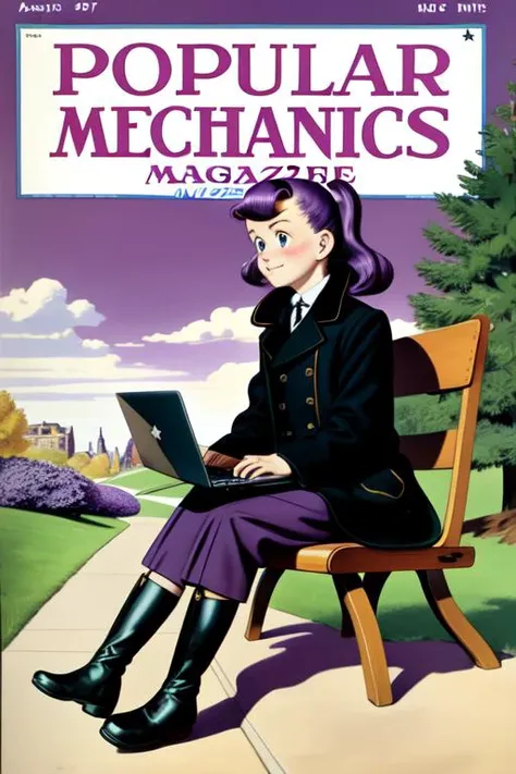 best quality, masterpiece, magazine cover of the popularmechanics magazine with girl sitting using a laptop in the middle of an empty park, high resolution scan, lomg purple hair, black long coat, short boots <lora:Vintage_Revista:0.8>