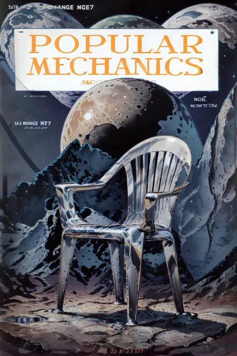 A popularmechanics vintage magazine cover featuring an illustration of a sleek chrome artdeco motivatedchair on the moon.
highres, high resolution, sharp focus.
<lora:LowRA:0.3> <lora:Chair-000034:0.9> <lora:vintagePopular_v10:1>