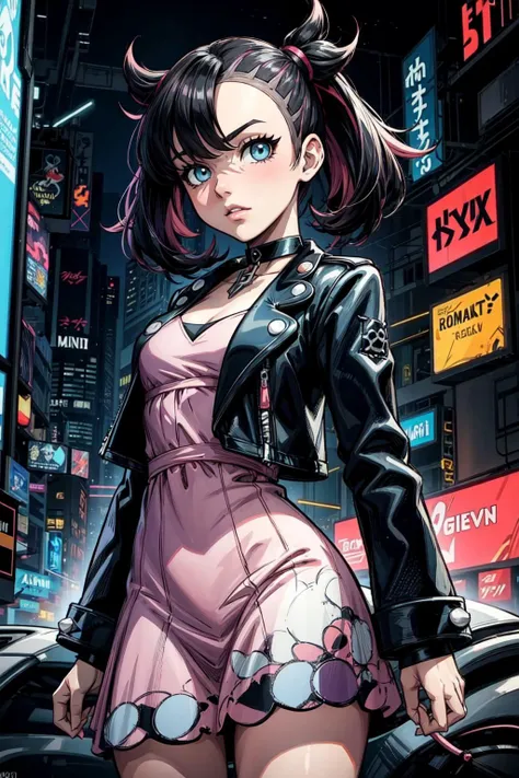 thick outlines, comics, photorealistic, masterpiece:1.2, 1girl, solo, small breast, <lora:marnie by Goofy Ai:1>, marnie pokemon, pink dress, black jacket, open jacket, asymmetrical hair, black hair, medium hair, black choker, cyber punk city, detailed background, detailed face, detailed eyes, <lora:add_detail:0.7>