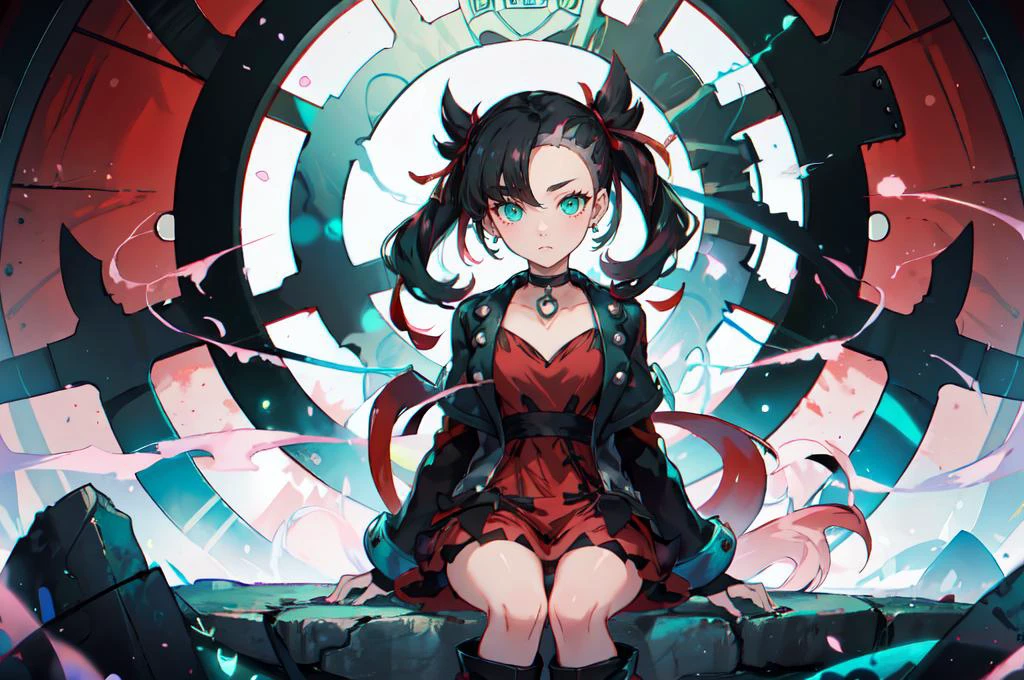 ultra detailed, masterpiece, best quality, solo,
<lora:marnie_pokemon:1> marnie pokemon, marnie \(pokemon\), teal eyes, green eyes, black hair, medium hair, asymmetrical bangs, black choker, red hair ribbons, earrings, pink dress, open jacket, black jacket, black nail polish, black boots,