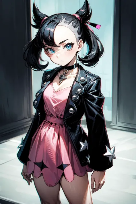 thick outlines, comics, photorealistic, masterpiece:1.2, 1girl, solo, small breast, <lora:marnie by Goofy Ai:1>, marnie pokemon, pink dress, black jacket, open jacket, asymmetrical hair, black hair, medium hair, black choker, cyber punk city, detailed background, detailed face, detailed eyes, <lora:add_detail:0.7>