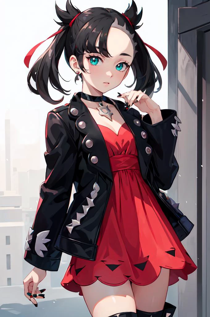 ultra detailed, masterpiece, best quality, solo,
<lora:marnie_pokemon:1> marnie pokemon, marnie \(pokemon\), teal eyes, green eyes, black hair, medium hair, asymmetrical bangs, black choker, red hair ribbons, earrings, pink dress, open jacket, black jacket, black nail polish, black boots,