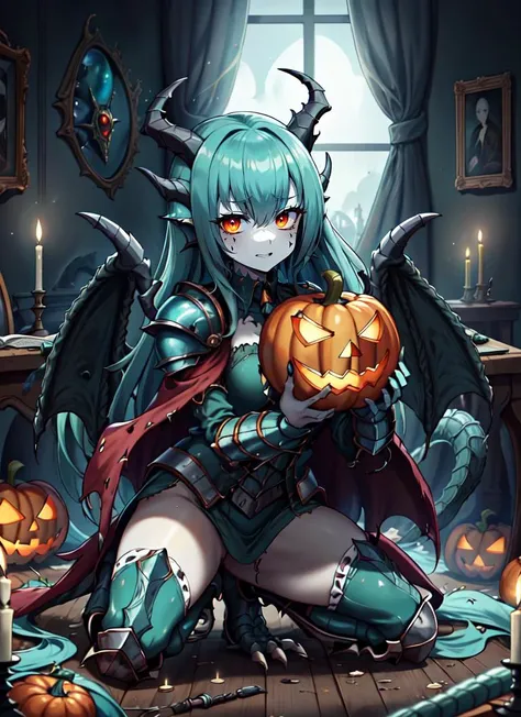 ((best quality)), ((highly detailed)), masterpiece, absurdres, (detailed eyes, deep eyes), (1girl), on one knee, <lora:aiomonstergirls_loraLocon:.8>, dragon girl, <lora:WaifuDragon:.5>, scales, aqua colored hair, dragon horns, dragon tail, dragon wings, armored boots, (indoors, in a court room), <lora:h4l0w3n5l0w5tyl3M3rg34ll:1>, h4l0w3n5l0w5tyl3M3rg34ll, halloween, horror \(theme\), glowing eyes, jack-o-lanterns, bat (animal), candles
