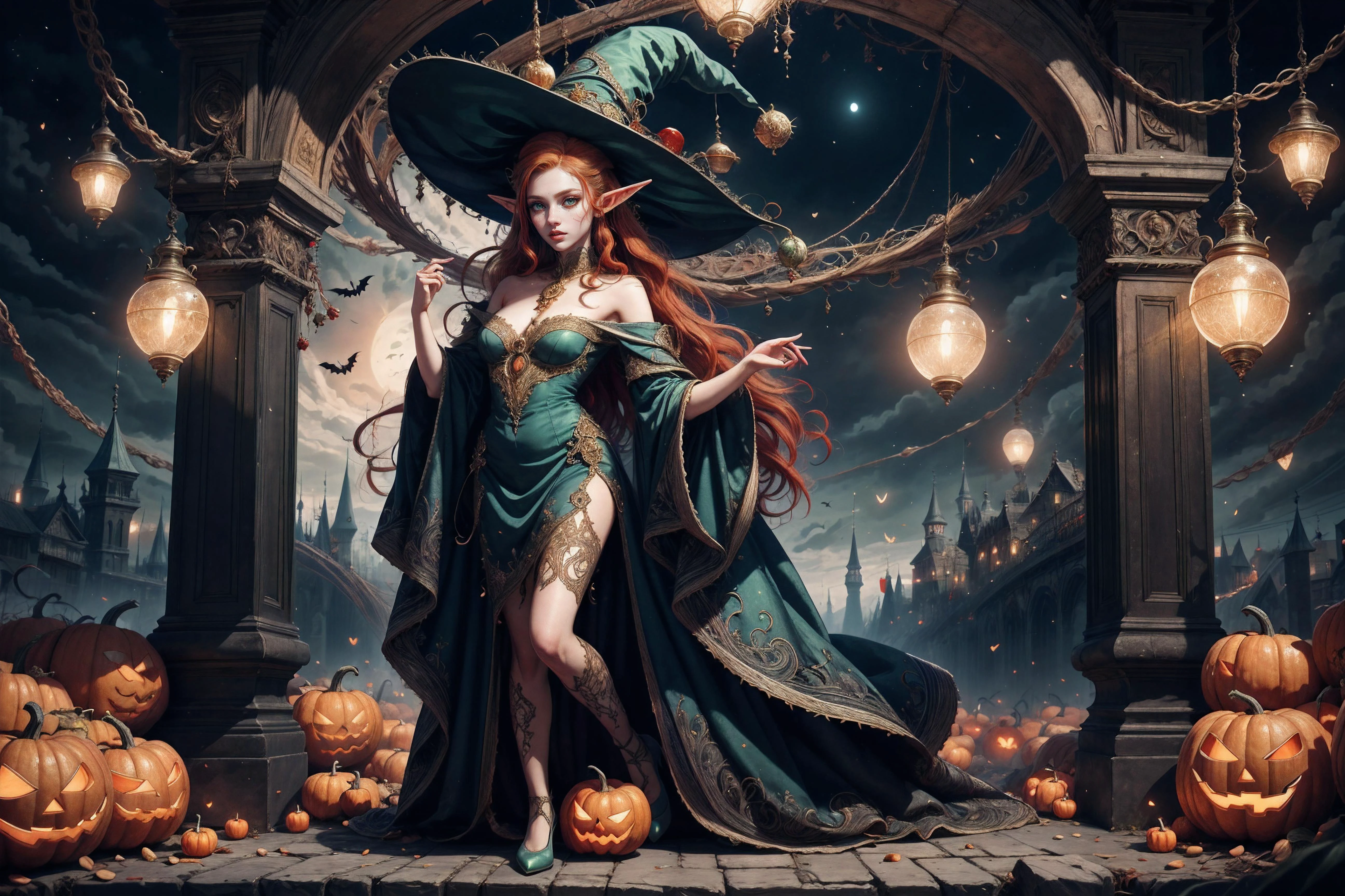 city, custom, witch, hat, magic, <lora:h4l0w3n5l0w5tyl3M3rg34ll:0.81>,  h4l0w3n5l0w5tyl3m3rg34ll,, 25 year old girl, (elf), (Red-headed:1.4), almond eyes, green eyes, long hair, [curly hair], eye shadow makeup, 162cm tall, oval face, snub nose, heart-shaped lips, arched eyebrows, <lora:breastsizeslideroffset:0>,, (full body:1.5), (masterpiece,High quality,best quality:1.4),sharp focus,(intricate, detailed:1.3),(Cinematic lighting),(detailed scenery, epic scenery),(official style, official art, official wallpaper,), (everything Detailed), <lora:more_details:0.2>, <lora:add_detail:0.2>, <lora:detail_slider_v4:0.2>,