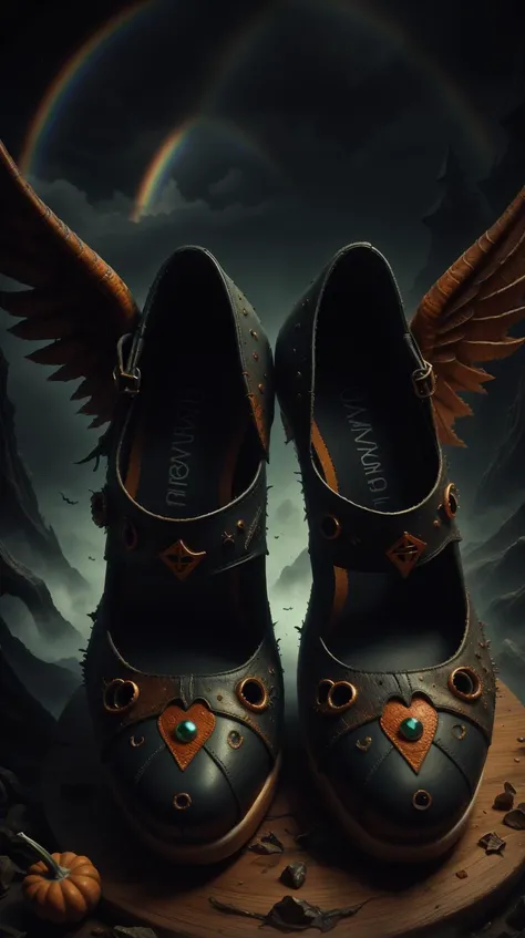 <lora:h4l0w3n5l0w5tyl3M3rg34ll:1> h4l0w3n5l0w5tyl3M3rg34ll a pair of winged shoes resting at the base of a rainbow