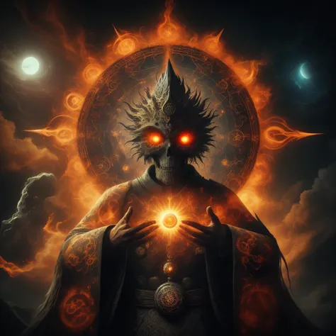 <lora:h4l0w3n5l0w5tyl3M3rg34ll:1> h4l0w3n5l0w5tyl3M3rg34ll portrait, solo, half shot, looking at viewer, detailed background, detailed face, (imperial chinese theme:1.1), glowing eyes, solar-sorcerer, sun-touched, wearing intricate yellow wizard vest, billowing solar cape, enchanted pendant of the sun, blazing dagger of solar power, casting spell, dancing solar flames,, the power of a thousand suns, magical celestial runes, glowing orb of fire in background, solar corona, darkness dispersed by sunlight, epic atmosphere,