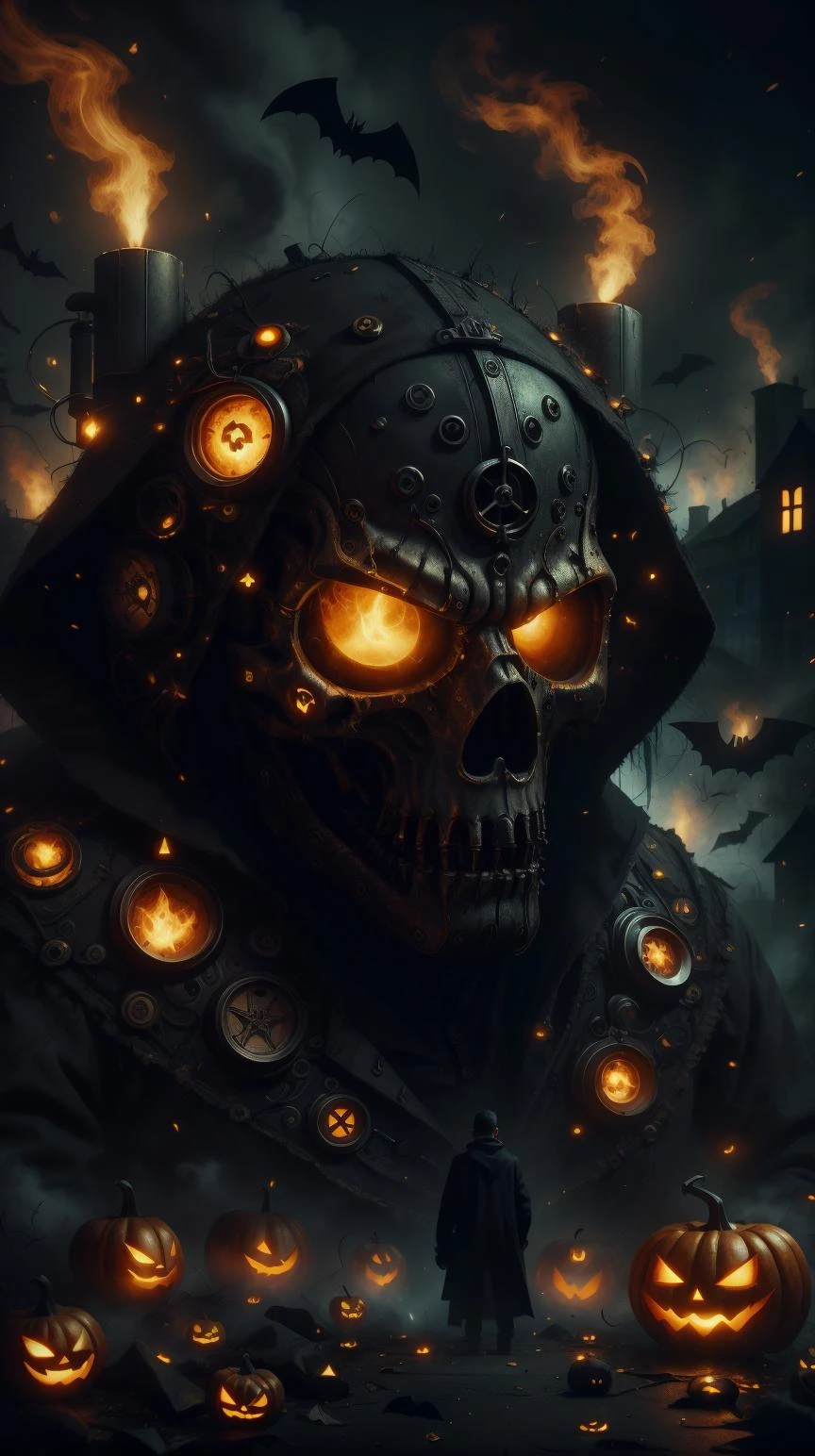 <lora:h4l0w3n5l0w5tyl3:1> halloweentech hwghostly halloweenglowstyle solo, half shot, looking at viewer, detailed background, detailed face, (<lora:CnCGDIAIv2:0.6>, CnCGDIAI theme:1.1), secret agent, concealed, subterfuge, espionage, intrigue, secret mission, heist, escape, spy gear, Black spy clothes, flames in background, night cinematic atmosphere,, (Masterpiece:1.3) (best quality:1.2) (high quality:1.1)