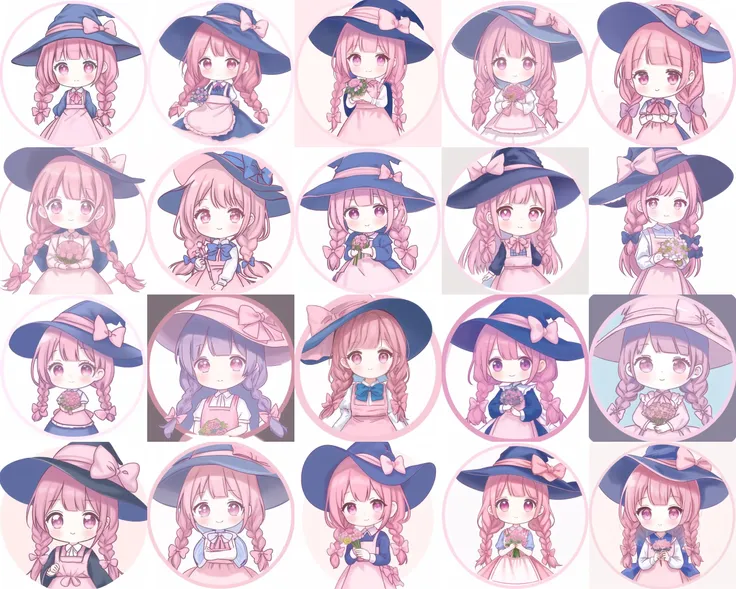 <lora:tx1:1>,round image, caizi touxiang, 1girl, hat, solo, witch hat, bow, braid, pink hair, bouquet, flower, dress, long hair, blue bow, round image, hair bow, holding, holding bouquet, pink theme, chibi, pink headwear, hat bow, symbol-shaped pupils, smile, bangs, white background, blush, apron, closed mouth, twin braids