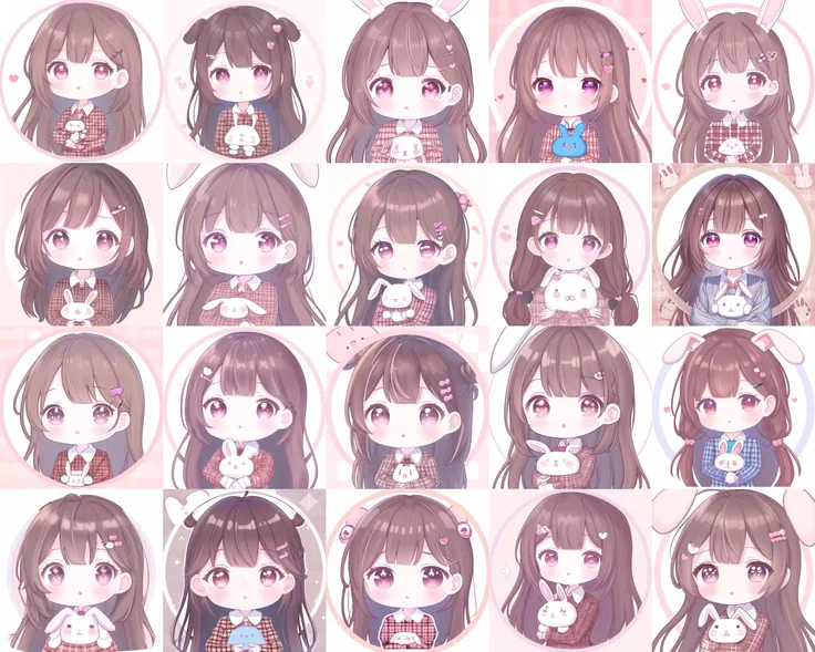 <lora:tx1:1>, round image, caizi touxiang, 1girl, heart, solo, hair ornament, virtual youtuber, symbol-shaped pupils, ahoge, brown hair, heart-shaped pupils, stuffed toy, long hair, plaid, blush, stuffed animal, bangs, brown eyes, shirt, holding, outline, heart ahoge, white outline, holding stuffed toy, stuffed bunny, plaid shirt, upper body, collared shirt, chibi, parted lips, rabbit hair ornament, looking at viewer, long sleeves, simple background, sparkle, unmoving pattern, hairclip