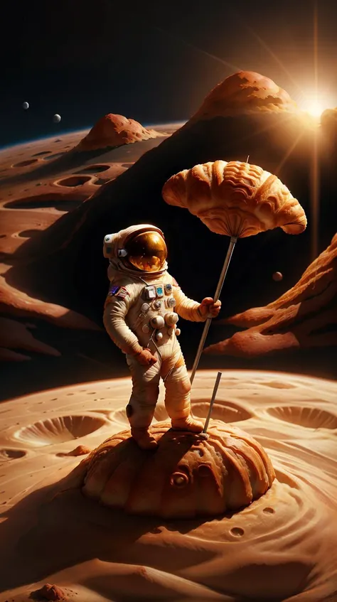 CroissantStyle an astronaut planting a flag on a lunar crater, revealing a city inside <lora:CroissantStyle:0.6>