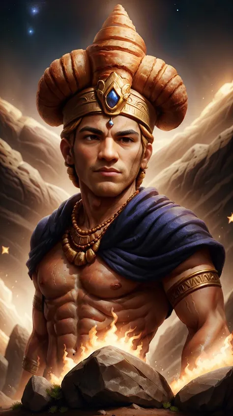 CroissantStyle looking up, solo, upper body, detailed face, (<lyco:CulturePunkBundle-000007:0.5>, OldEgyptAI, ancient egyptian theme:1.1) demigod, dynamic pose, blue robe, laurel, mesopotamian mythology, Uruk, ancient mesopotamian architecture, bronze age, (flourishing civilization:1.1), valleys in background, brazier, night, darkness, stars, epic atmosphere, floating stone particles, <lora:CroissantStyle:0.6>