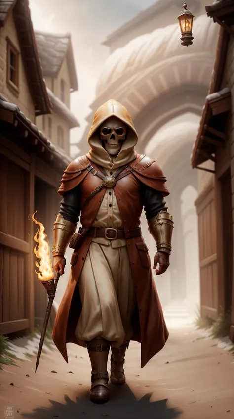 CroissantStyle looking at viewer, solo, half shot, detailed background, (renaissance theme:1.1), inquisitor, silver trimmed elaborate intricate (studded:0.8) leather clothes, straps, belts, skull symbols, pockets, buckles, thick flaming (medieval:1.1) wooden torch, shadowed face, imperial seal, flasks, hood, gunpowder, chains, dark medieval alley in background, autumn, mysterious atmosphere, dim lighting, shadows, warhammer dark fantasy, <lora:CroissantStyle:0.5>