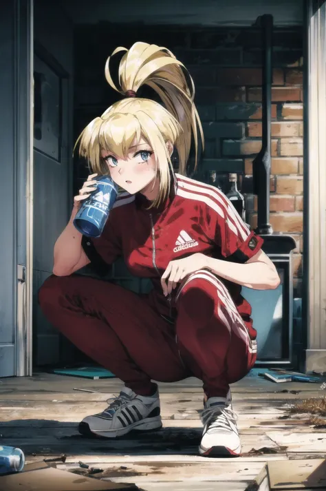 masterpiece, best quality, 1girl, ultra detailed, <lora:add_detail:0.5>,  <lora:rio_FW:1> , high ponytail, squatting, adidas track suit,  sneakers,  drinking vodka, vodka bottles on the floor, dirty abandoned room, fireplace,