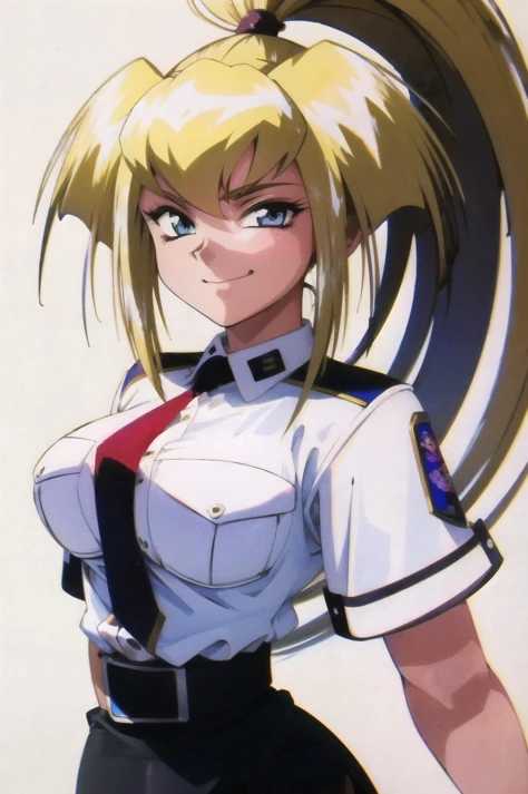 (simple white background:1.2),upper body, 1girl, looking at viewer,    standing,  masterpiece, best quality, extremely detailed 8K wallpaper,  ultra detailed, volumetric lighting,   detailed eyes, beautiful eyes, best shadow, ultra detailed,  <lora:rio_FW:1> , high ponytail, police uniform, thighhighs, pencil skirt, red necktie,zettai ryouiki, miniskirt, belt, medium shot, smile