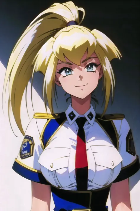 (simple white background:1.2),upper body, 1girl, looking at viewer,    standing,  masterpiece, best quality, extremely detailed 8K wallpaper,  ultra detailed, volumetric lighting,   detailed eyes, beautiful eyes, best shadow, ultra detailed,  <lora:rio_FW:1> , high ponytail, police uniform,  red necktie, belt, medium shot, smile,