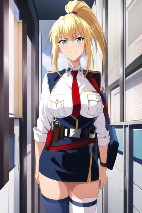 highres, (masterpiece:1.1),(best quality:1.1), ufotable style, 1girl, blonde hair, smirk, blue eyes, high ponytail, police uniform, thighhighs, pencil skirt, red necktie,zettai ryouiki, miniskirt, belt, large breasts, <lora:ufotable_lycoris_v4:0.6> <lora:rio_FW:0.6>
