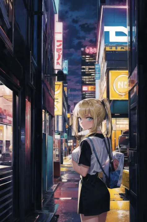masterpiece, best quality, 1girl, looking at viewer, ultra detailed, <lora:add_detail:0.5>,  <lora:rio_FW:1> ,  night,  city, neon lights, city lights, traffic, street,