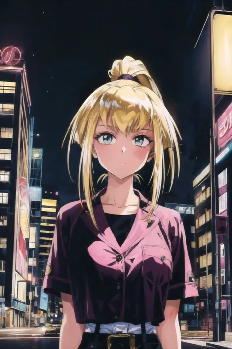 masterpiece, best quality, 1girl, looking at viewer, ultra detailed, <lora:add_detail:0.5>,  <lora:rio_FW:1> ,  night,  city, neon lights, city lights, traffic, street,