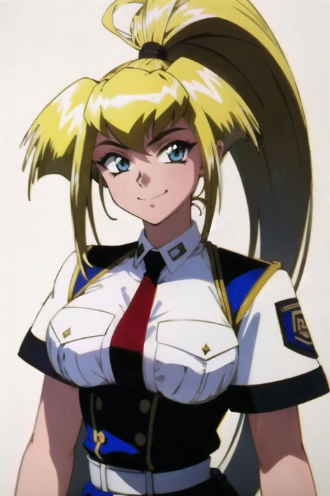 (simple white background:1.2),upper body, 1girl, looking at viewer, standing, masterpiece, best quality, extremely detailed 8K wallpaper, ultra detailed, volumetric lighting, detailed eyes, beautiful eyes, best shadow, ultra detailed, <lora:rio_FW:1> , high ponytail, police uniform, red necktie, belt, medium shot, smile,