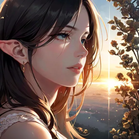 ((best quality)), ((masterpiece)), ((realistic)),1girl,(slow motion:1.2), ((immortal)), ((wisdom)), ((reflective)), ((timeless beauty)), ((ethereal atmosphere)), ((captivating scene)), Frieren, the immortal and wise elf, gazes upon the sunset from a hill, her eyes reflecting centuries of memories and adventures. ageless, wise, elf, sunset, hill, memories, adventures, contemplation, timeless beauty, reflection, picturesque, cinematic, evocative, ethereal, timeless, nostalgic, reflective, atmospheric, warm hues, golden, tranquil, reflective, serene, timeless ambiance, fading sunlight, subtle shadows, a touch of melancholy,photorealistic, (hyperrealistic:1.2), ultra detailed, ultra sharp, intricate, highly intricate details, realistic light, shadows, digital photography,(extremely intricate), ornaments detailed, 8k UHD, DSLR, high quality, jewelry, perfect lighting, stunning detail, masterpiece