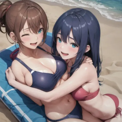 2girls, beach, swimsuit, sweat, smile, (hug:0.9), (breast press:0.5),
