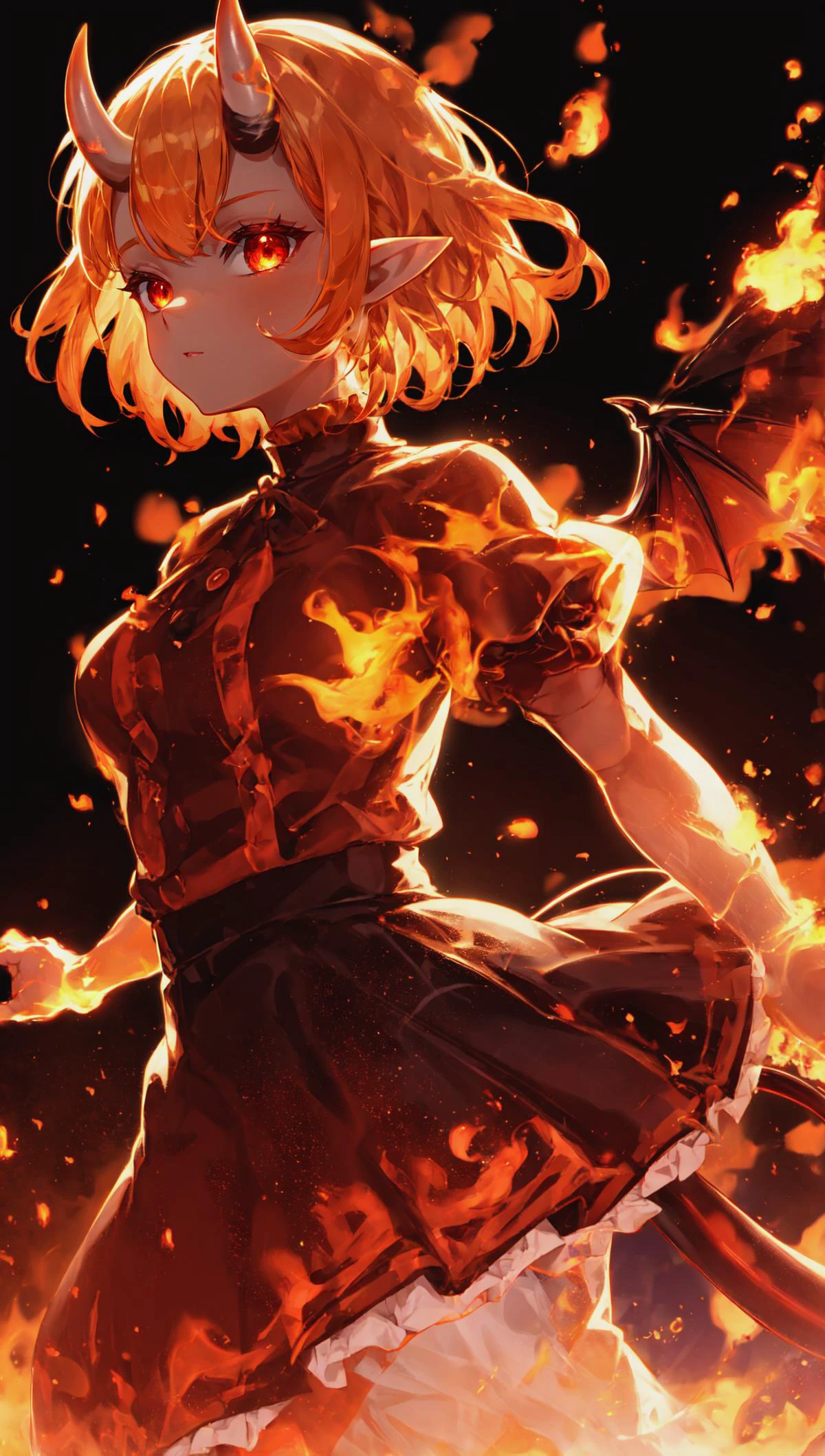 detailed background, superb, multicolored, 1girl, (oni horns:1.1), skirt set, frills, center frills, fiery wings, pointy ears, (demon tail:1.2), short hair with long locks, darkness, vibrant colors, dark background, beautiful 8k wallpaper, BREAK firecd, fire, flame, burning <lora:firecd-000028:0.7>