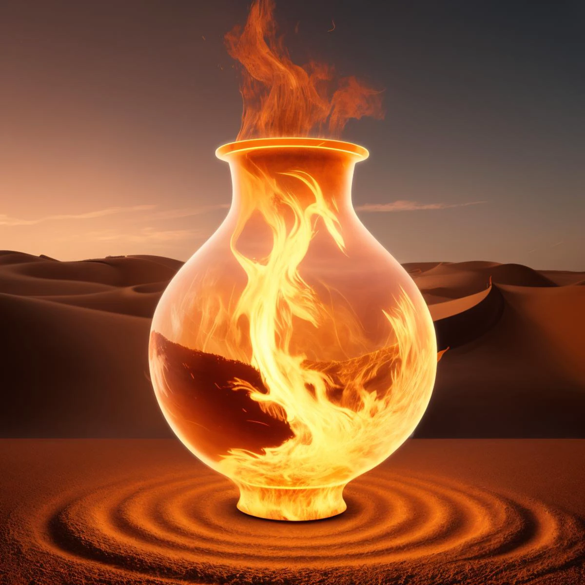 a (firecd, fire, flame, burning) vase, flower inserted into the vase, on sand, (solo:1.2), <lora:firecd-000029:0.7>, no humans, high quality, masterpiece, realistic, photorealistic, (outdoors, desert)