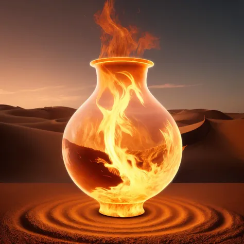 a (firecd, fire, flame, burning) vase, flower inserted into the vase, on sand, (solo:1.2), <lora:firecd-000029:0.7>, no humans, high quality, masterpiece, realistic, photorealistic, (outdoors, desert)